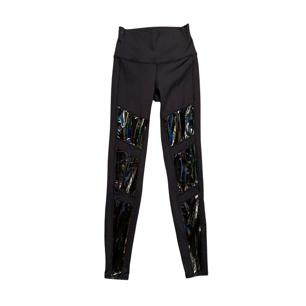 Alo Yoga Leggings Womens XS Extra Small Black Galaxy Moto High Waist Shiny Panel